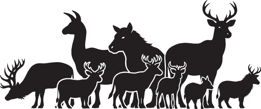 Black silhouette group of wild forest animals including deer and elk standing together isolated on transparent background, Vector