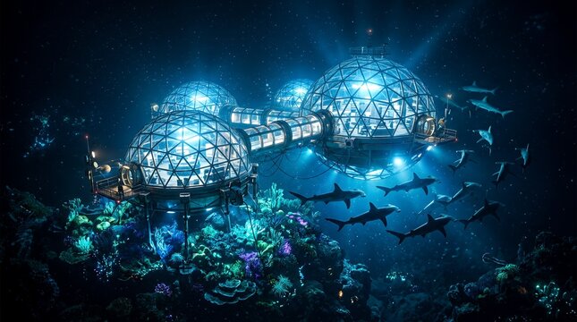 Underwater research domes surrounded by swimming sharks.