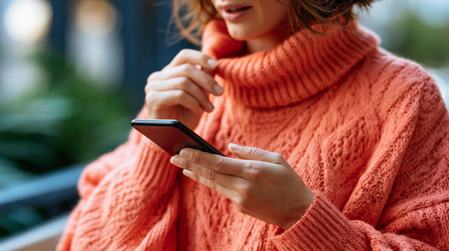 Faceless woman in a bright coral sweater speaking into a phone held in her palm outdoors soft clean blurred background voice assistant mobile technology hands free