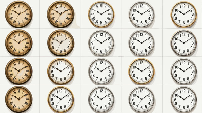 Collection of Vintage and Modern Analog Clocks Arranged in Grid Pattern