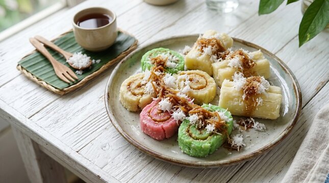 Assorted colorful traditional Indonesian getuk gulung roll cakes and getuk lindri topped with grated coconut and liquid palm sugar on a plate, served with hot tea on a white wooden table.