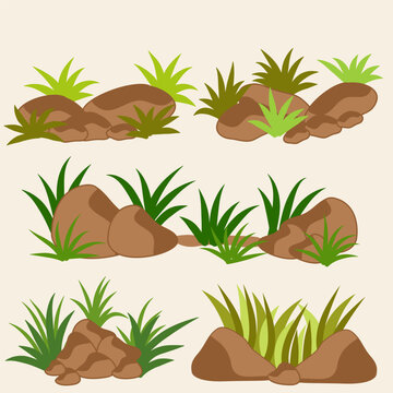 Grass and rocks Nature element set isolated illustration