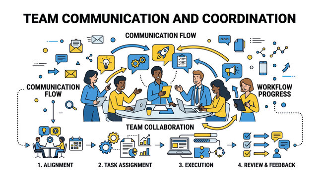 Team communication and coordination infographic illustration.