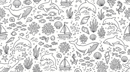 Underwater sea life monochrome line art pattern background. © diki