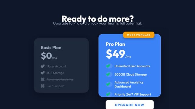Pricing plan comparison, side-by-side Basic and Pro plans display, website screenshot, business decision-making, software subscription services