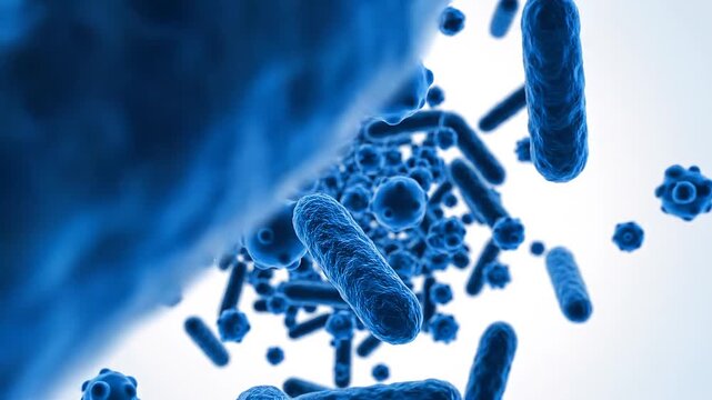 3D medical animation of floating blue bacteria cells under a microscope. Microscopic view of spherical and rod-shaped microorganisms on bright white background with realistic depth of field.