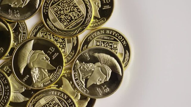 Pile of gold cryptocurrency coins with warrior designs and QR codes resting on a clean white surface
