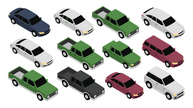 Various isometric cars and pickup trucks in multiple colors for urban transportation, automotive industry, game development, or traffic simulation software and infrastructure planning.