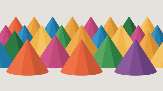 Colorful array of geometric pyramid shapes in orange, blue, yellow, green, and purple, arranged in a grid pattern on a neutral background for abstract art.