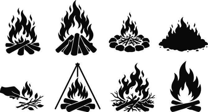 Campfire silhouette icon set with burning firewood flames for outdoor camping and adventure design