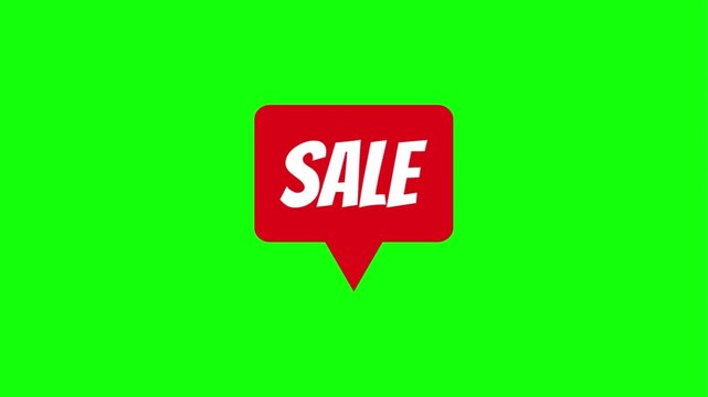 Animated 'Sale' text in various styles, including a script font starburst, speech bubble, and 3D inflated letters, all on a green screen for versatile use.
