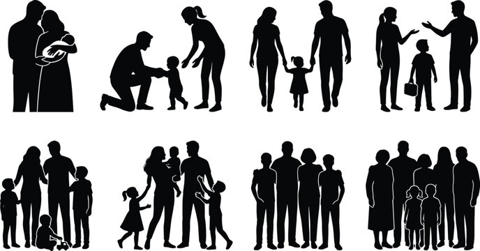 Happy family silhouettes set showing parents children newborn baby life stages growth and multi generational relatives lifestyle