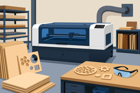 Maker Laser Cutter Room Scene With Plywood Sheets and Ventilation Hose
