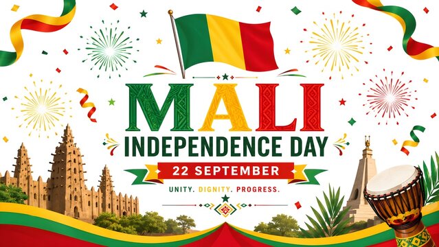 Mali Independence Day celebration vector illustration with Great Mosque of Djenne Bamako skyline landmarks Malian flags djembe drum and fireworks on white background
