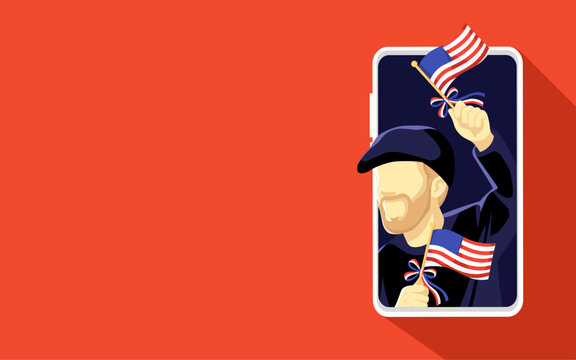 Man with cap waving USA flags coming out of a mobile phone screen. Concept of virtual 4th of July celebration, imagination, and technology with a red background and copy space.