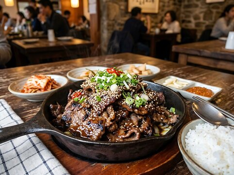 Delicious Korean Bulgogi dish served in a cast iron skillet with rice and kimchi at a cozy restaurant