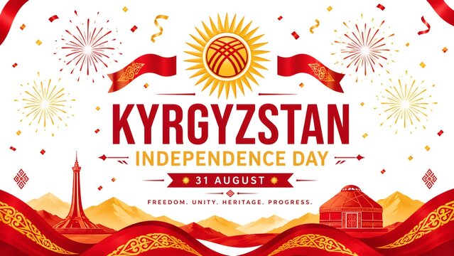 Kyrgyzstan Independence Day celebration vector illustration with Bishkek city landmarks traditional yurt tent sun tunduk symbol and fireworks on white background