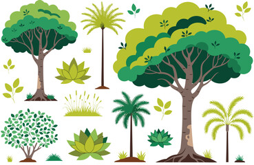 Fototapeta premium Set of Trees Vector Illustration Collection with Nature Landscape Forest Palm Trees Silhouettes Branches Grass Clouds and Seasonal Garden Design Elements