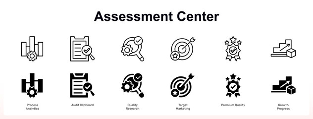 Naklejka premium Assessment center web banner icons set. Business process analytics chart, audit clipboard checklist, quality research symbol collection. Vector illustration