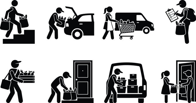 Set of black grocery delivery icons showing couriers carrying bags loading cars unpacking vans and delivering food to doorsteps