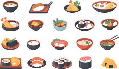 Japanese food collection with sushi ramen tempura rice bowls and traditional cuisine illustration set © Asha