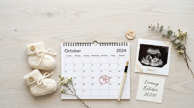 October 2024 calendar with marked due date for baby coming soon, flat lay.