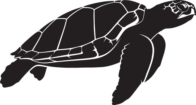 Black silhouette of a sea turtle swimming in the ocean isolated on transparent background, Vector