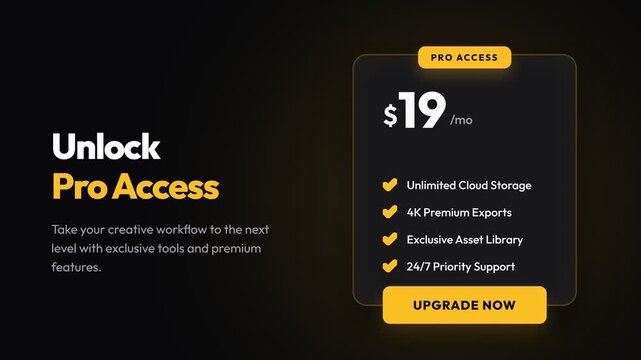 Pricing plan promotion, dynamic text animation with $7 and $19 monthly subscription options, black background with glowing yellow accents, seamless loop, symbolizing business growth and premium