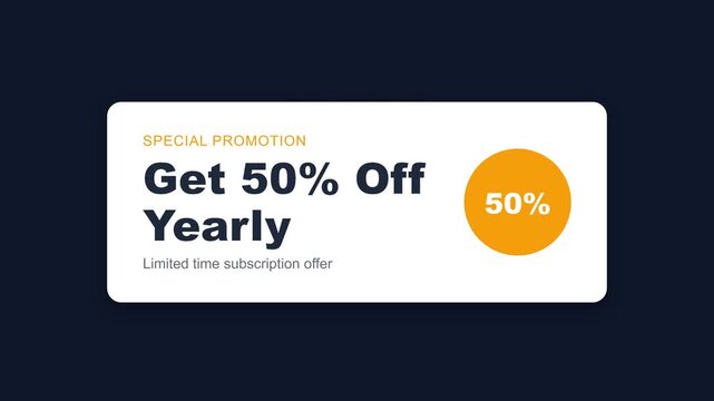 Promotional offer, Special discount coupon with 50% off yearly subscription, Dark blue background, Static shot, symbolizing limited-time offer.
