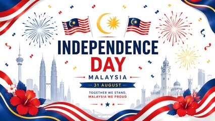 Fototapeta premium Malaysia Independence Day celebration vector illustration with Petronas Twin Towers Kuala Lumpur skyline Malaysian flags Hari Merdeka hibiscus flowers and fireworks on white background