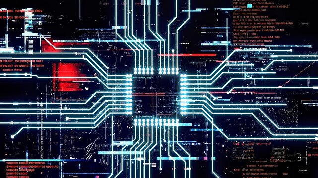 Futuristic circuit board animation with glowing blue data lines and red glitch effects. Digital motherboard concept with scrolling code and technical elements.
