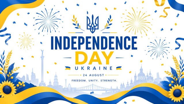 Ukraine Independence Day celebration vector illustration with Kyiv city skyline Tryzub coat of arms Ukrainian flags sunflowers and fireworks on white background