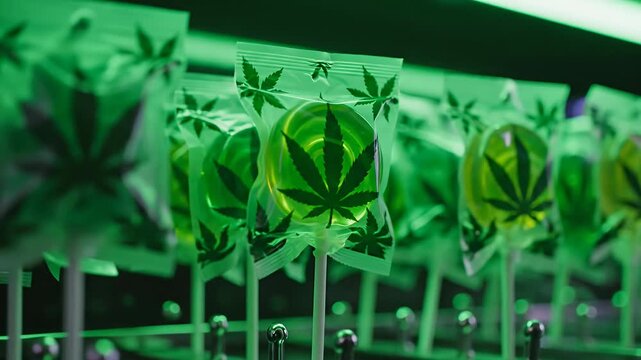 Young cannabis plants growing in laboratory indoor farm.