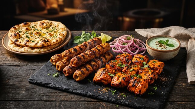 Grilled Chicken Tikka and Seekh Kebab Platter with Naan Bread - Pakistani BBQ Platter
