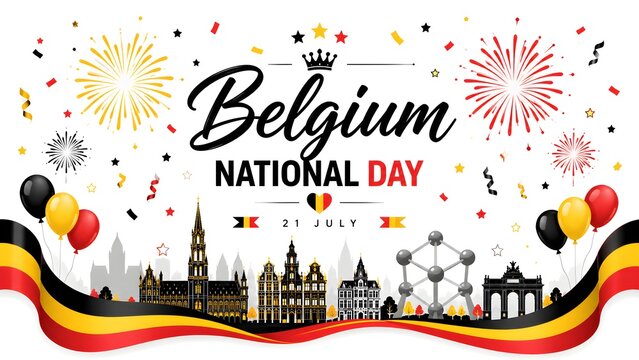 Belgium National Day celebration vector illustration with Brussels city skyline Atomium landmark Belgian flags balloons and fireworks on white background