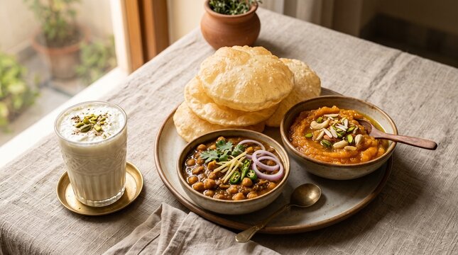 Traditional Halwa Puri Cholay Breakfast with Sweet Lassi - Authentic Pakistani Indian Brunch
