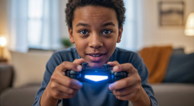African American boy playing video game with controller, focused on intense digital entertainment during leisure time. Enthusiastic young African American boy playing video game with controller