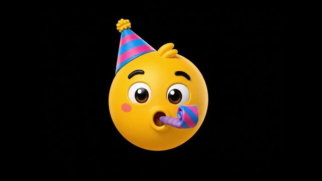 3D animated birthday emoticon blowing party horn