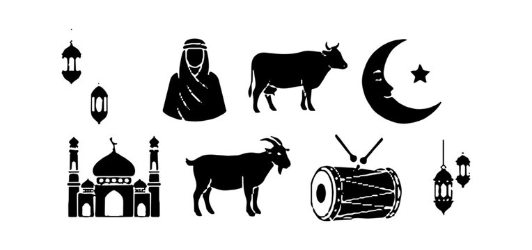Eid al-adha festival icons set featuring a mosque, cow, goat, crescent moon, star, and traditional lanterns in a black silhouette style isolated on transparent background, Vector