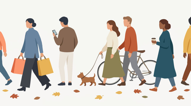 Colorful illustration of diverse people walking outdoors in autumn