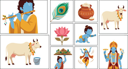 Fototapeta premium Hindu God Lord Krishna Janmashtami Vector Icon Set with Flute Playing, Peacock Feather, Holy Cow, Butter Pot, and Govardhan Hill Illustration Scenes