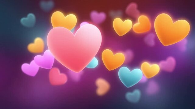 Colorful glowing heart shapes floating on dark background with soft light and bokeh effect romantic abstract love concept digital illustration