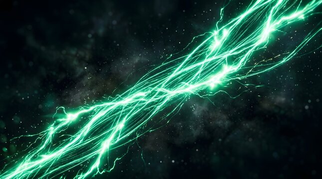 Abstract green lightning bolts on dark cosmic background