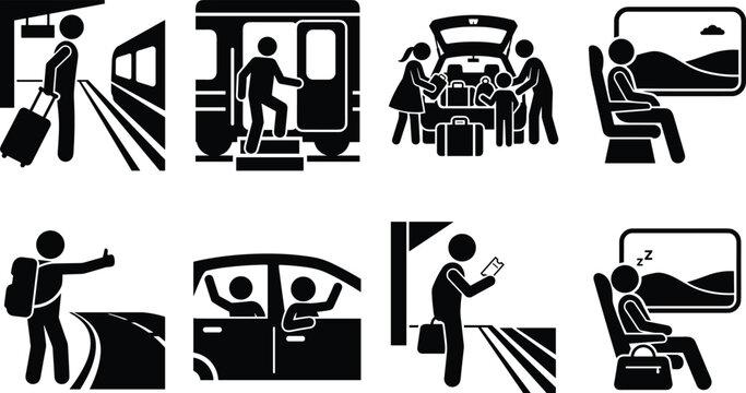 Set of black travel and transportation icons featuring train platform passengers packing car trunk hitchhiking and sleeping in transit