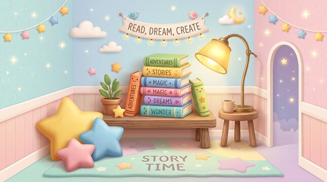 Whimsical Kids Reading Corner with Storybooks, Star Pillows, and a Warm Lamp in a Pastel Dreamy Room