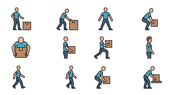 Collection of cartoon figures demonstrating safe lifting techniques for boxes.