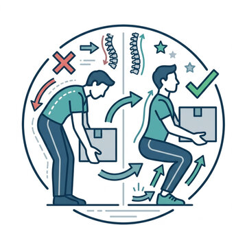 Correct and incorrect posture for lifting heavy boxes illustration.