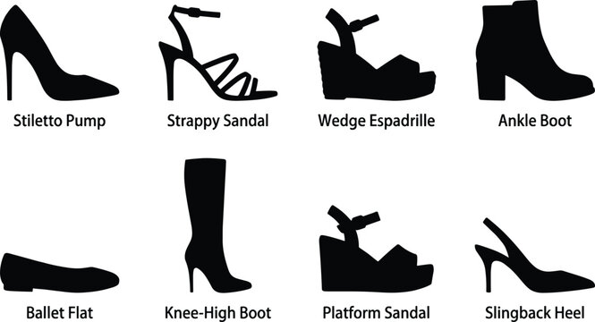 Set of black women shoes silhouettes and types guide including heels sandals pumps flats and boots isolated on white
