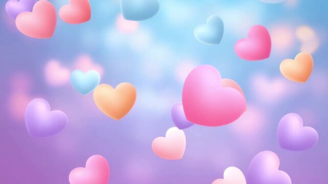 Soft pastel color heart shapes floating in dreamy blurred background with gentle lighting and romantic atmosphere suitable for love and celebration design