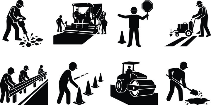 Set of road construction icons featuring workers repairing asphalt using heavy machinery steamroller jackhammer and safety traffic cones